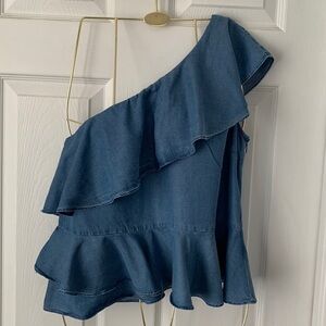 HIGHLINE Collection Ruffled Blue Blouse Size M #058